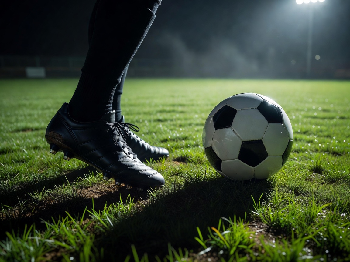 Close-up of a footballer's boots and the ball on a floodlit pitch