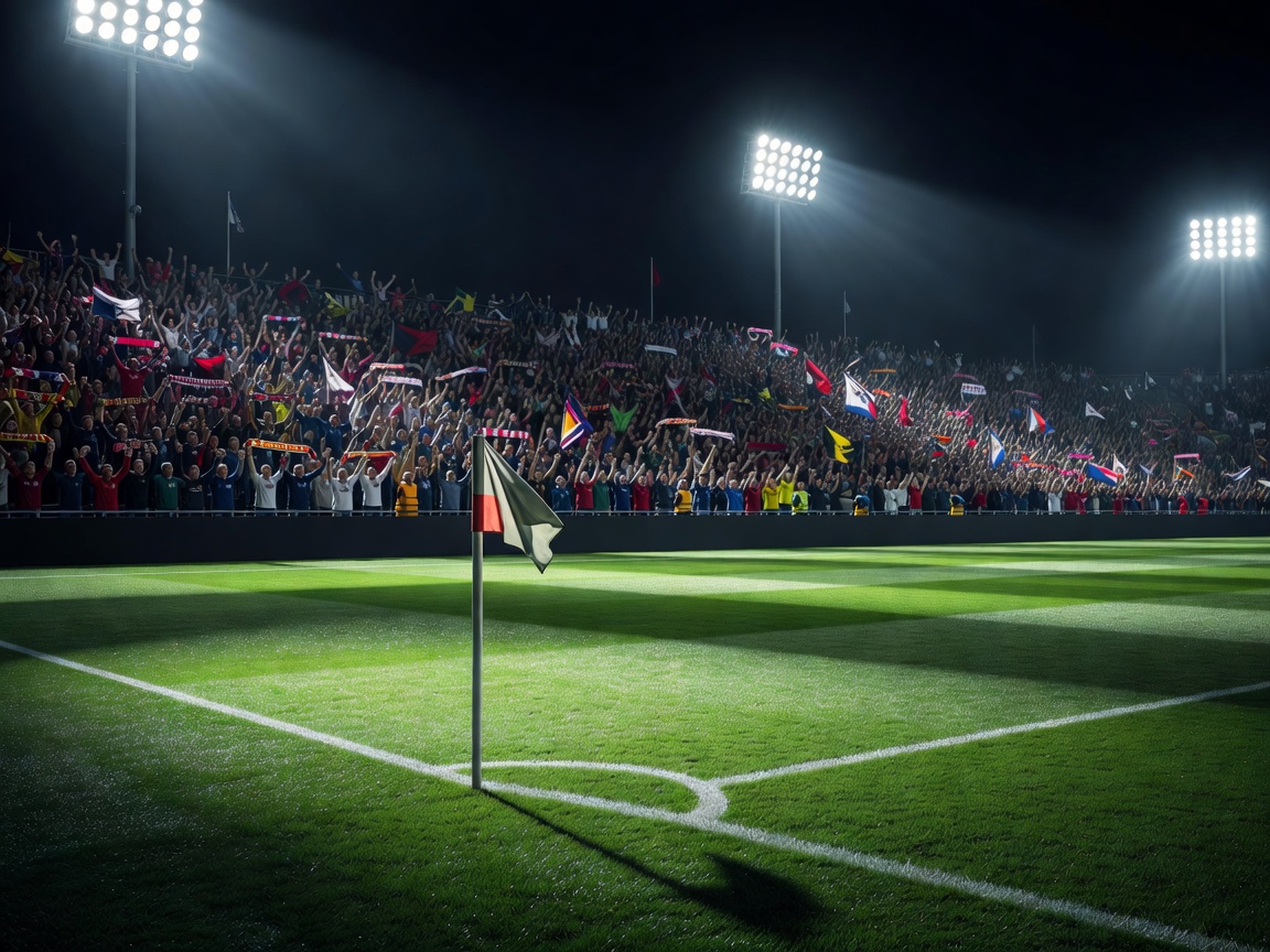 European club football night match with corner flag and packed stand behind