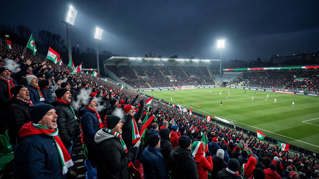 Floodlit Italian football stadium filled with supporters on a winter evening