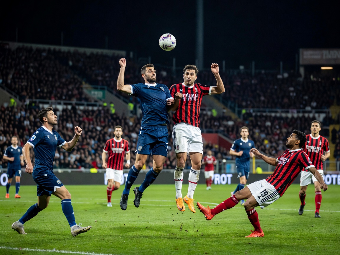 Serie A players competing for a high ball during a title-deciding league match