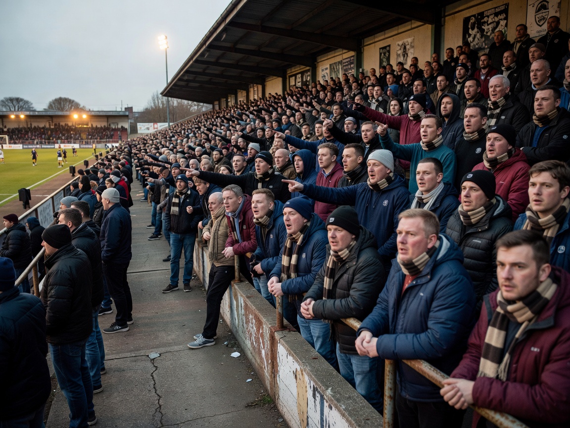 Supporters on a terrace watching a tense bottom-of-the-table league fixture